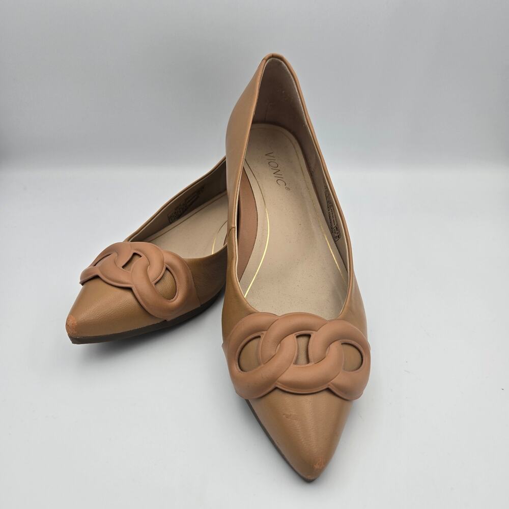 Vionic Tan Pointed-Toe Flats with Interlocking Loop Detail